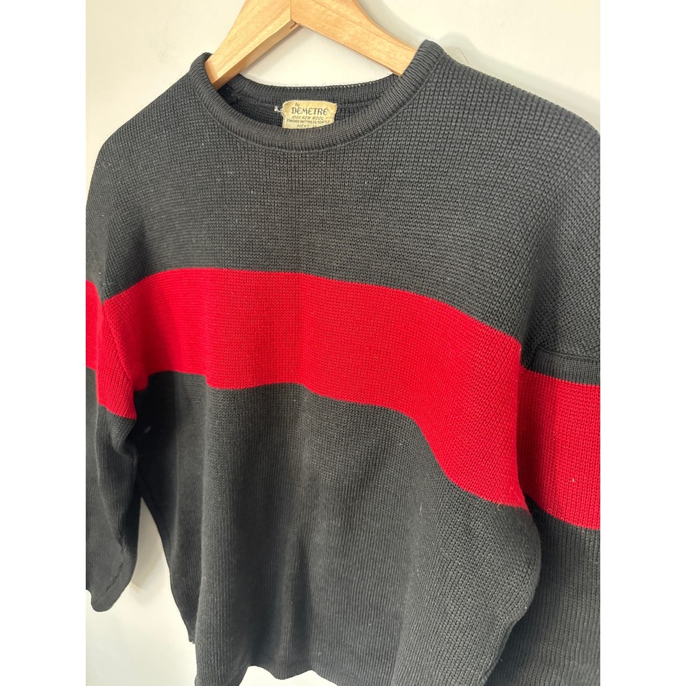 Vintage Demetre Mens Wool Sweater Black Red Stripe Crew Neck Made in USA Size M